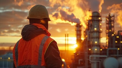 Worker in safety gear at sunset overlooking industrial plant.