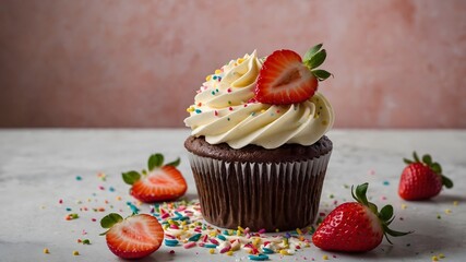 "Cream Cheese Frosting: A Colorful Cupcake Topped with Swirled Frosting, Sprinkles, and Fresh Strawberries"