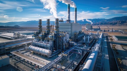 Natural gas power plant with steam rising from cooling towers in an industrial setting