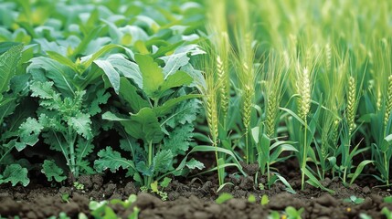 Field of diverse crops growing together to boost soil fertility and water retention