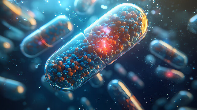 Bacteria or bacteria chaped pills. Omnipresent. Illustration