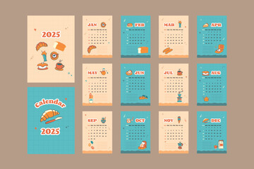 2025 retro illustration calendar. Vector hand-drawn doodle illustrations, cafe graphic elements and objects, ornament for journaling, stickers, and scrapbooking.