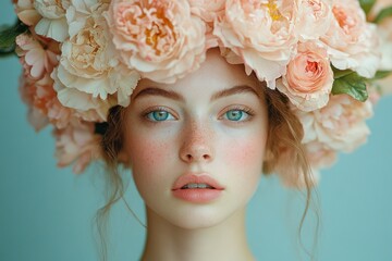 Surreal Floral Portrait of a Woman with Flowers in Soft Pastel Colors and Dramatic Lighting