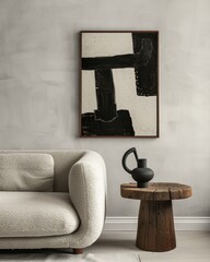 Minimalist Japandi loft living room with boucle sofa, wooden side table, sideboard, and abstract art on a gray concrete wall