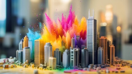 Obraz premium Cityscape Covered in a Rainbow Explosion