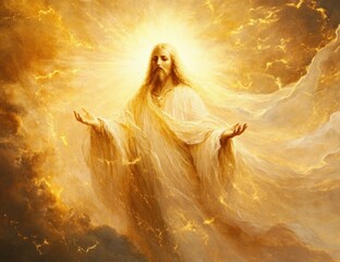 Divine Figure in White Robe Surrounded by Golden Light in Classical Painting Style