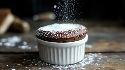 Chocolaty dessert with powdered sugar topping.