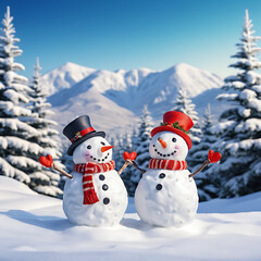 Obraz premium Merry Christmas and Happy New Year greeting card with copy space. Many snowmen standing in winter Christmas landscape.