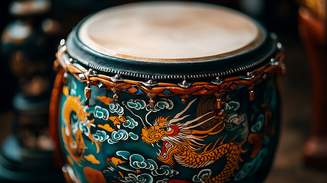 traditional drum featuring vibrant Chinese dragon motif, showcasing intricate designs and craftsmanship