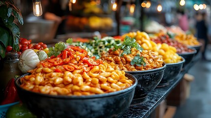 Colorful pickled vegetables displayed in bowls at a market stall.