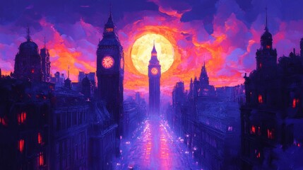 Moonlit London by Night | Illustration of a Cityscape at Dusk