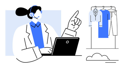 Woman with headset pointing, working on laptop, rack with clothes. Ideal for customer service, fashion, e-commerce, online support, retail helpdesk communication. Abstract line metaphor