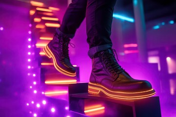 A person walks on illuminated steps wearing stylish, glowing boots in a vibrant atmosphere.