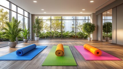 Bright yoga studio with rolled mats. Ideal for websites promoting fitness, wellness, or healthy living.