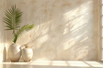 Modern empty room interior with beige stucco walls, vases, and palm leaf in a 3D-rendered serene design
