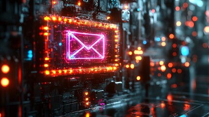 Futuristic Neon Email Icon Floating in Cityscape with Glowing Lights and Reflections