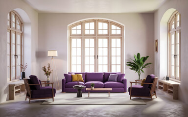 Fototapeta premium modern living room with a large purple sofa and two purple armchairs. The room has wooden , including a wooden coffee table and a bookshelf. There is a potted plant near the window.