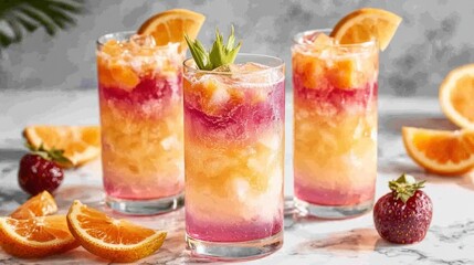 A vibrant display of layered fruity drinks garnished with orange slices and strawberries.