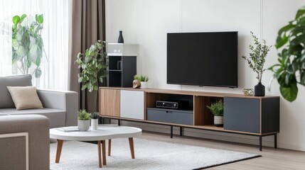 Modern living room with TV, sofa, plants, and coffee table.