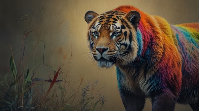 Rainbow Hues Adorn Majestic Tiger In Wild Grass