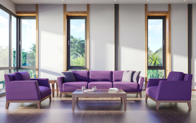 Fototapeta premium modern living room with a large purple sofa and two purple armchairs. The room has wooden , including a wooden coffee table and a bookshelf. There is a potted plant near the window.