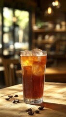 A glass of iced tea with ice cubes, placed on a wooden table in a cozy caf? setting.
