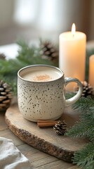 Fototapeta premium A cozy mug of beverage surrounded by candles and pine cones, evoking a warm atmosphere.