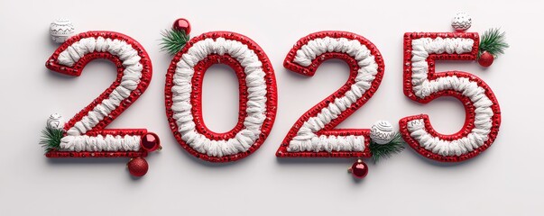 A festive design featuring the year "2025" adorned with red and white decorations, evoking a cheerful holiday spirit.