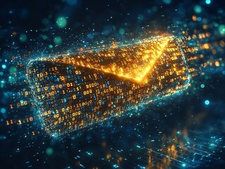 Digital Email Icon Created from Flowing Binary Code against Dark Tech Background with Neon Lights