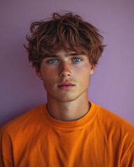 Fototapeta premium Confident Young Man with Smartphone in Minimalist Style on Lavender Background