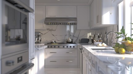 A contemporary kitchen with white cabinets, marble countertops