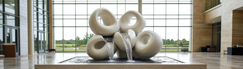 A modern sculpture featuring interconnected, circular forms, surrounded by a serene water feature, set in a spacious, contemporary interior.