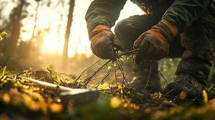 Resourceful Survivalist Tying Branches with Vines in Dense Forest Setting