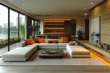 Naklejka premium Scandinavian Living Room Interior with Wooden Paneling and Ambient Lighting