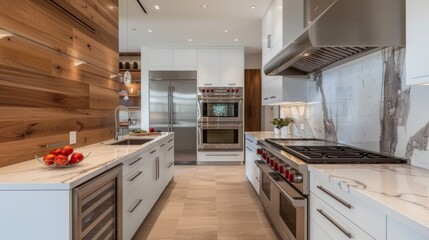 A contemporary kitchen with white cabinets, marble countertops