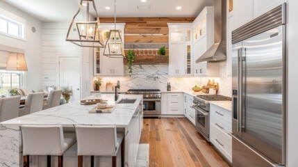 A contemporary kitchen with white cabinets, marble countertops