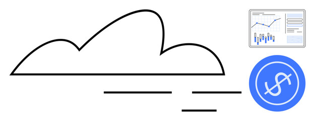 Cloud icon, financial dashboard with charts and graphs, and a dollar symbol. Ideal for finance, business analytics, data visualization, cloud computing, financial technology, investment strategies