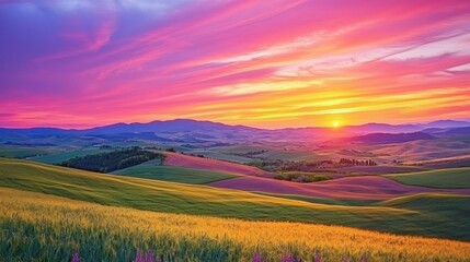 Fototapeta premium A colorful sunset over rolling hills and fields, providing a warm and vibrant nature background