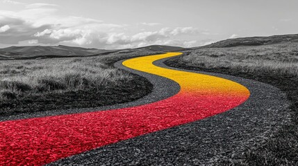 A colorful, unconventional path leading through a grayscale landscape, symbolizing a unique and different approach
