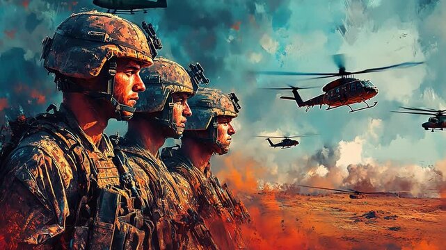 Soldiers Under Fire: A dramatic depiction of three soldiers standing resolute amidst a fiery battlefield, helicopters overhead.  A powerful image evoking courage, sacrifice, and the intensity of war.