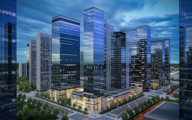 Fototapeta premium skyscrapers in the city. 3D render of a group of skyscrapers seen from below in a modern city.