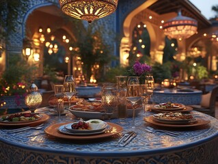 Obraz premium Romantic Outdoor Dinner Setting With Moroccan Lanterns