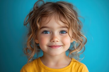Naklejka premium Cheerful Asian Child in Yellow Shirt on Blue Background