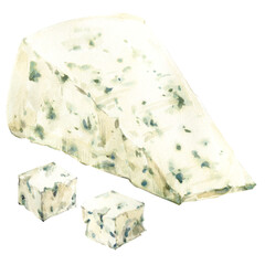 Piece of blue cheese with mold. Dairy product with specific smell. Watercolor illustration of a deagonal piece of cheese of investment Italian cheese Gorgonzola. Clipart for design of farm product.