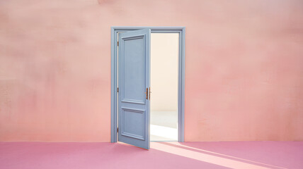 Minimalist Interior with Pastel Pink Wall, Open Blue Door Slightly Ajar Revealing Bright White Space, Soft Pink Floor and Muted Blue Door Frame, Calm and Serene Ambiance with a Touch of Mystery