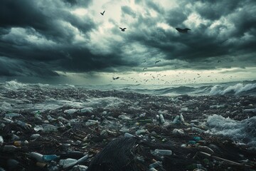 A stormy sea filled with plastic waste, highlighting environmental pollution and its impact.