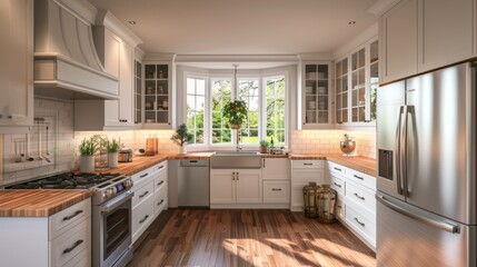 A contemporary kitchen with white cabinets, wood countertops