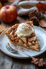A slice of apple pie topped with ice cream, served on a plate with autumn decorations.