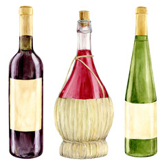 Bottles of red and white wine and a glass jug in a wicker basket sealed with a cork. Watercolor illustration of a glass in a basket woven from a straw rod. Clipart for wine tasting or wine list design