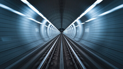 Obraz premium High-Speed Movement Through Tunnel or Subway, Perspective from Inside Moving Vehicle, Converging Tracks and Walls, Motion Blur Emphasizing Speed, Dim Lighting with Illuminated Spots from Overhead 